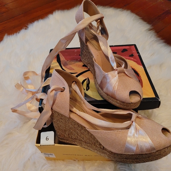 Y2K Peach Golddust Platform Jute Wedges Size 6 - Picture 4 of 9